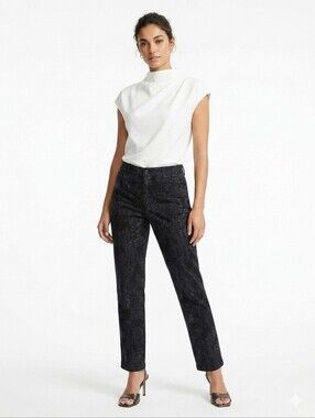 #50 NWT Sz8  Gloria Vanderbilt Black Pants Black Floral/Damask Print W15 R13 L38